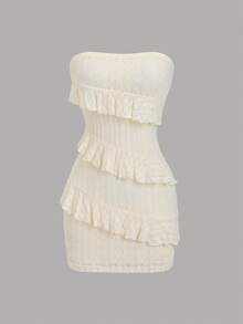 Sweetra Y2K Sexy Ruffle Hem Textured Fabric Versatile Commute & Vacation Dress - Apricot - View 7
