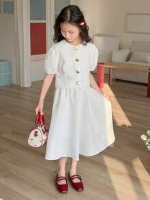 DAZY 2pcs Tween Girls Textured Fabric Short Sleeve Cardigan And Skirt Set, Fall Outfit