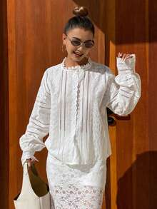 Livesso Women's Casual Lace Patchwork Puff Sleeve Shirt, Autumn/Winter - White - View 4