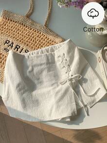 Comfortcana Quần short cỡ lớn, chất liệu cotton lanh, kiểu dáng thường ngày và mặc nhà, có dây rút trang trí và khóa kéo. - trắng - Xem 1