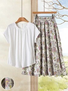 Rusticease Bộ váy áo hai mảnh tay ngắn in hoa phong cách thường ngày dành cho nữ. - Nhiều màu - Xem 3