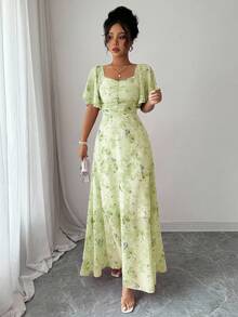 Modelyn Váy mùa hè kiểu Pháp in hình bướm bằng vải chiffon cho nữ tay cánh dơi xếp ly ngọt ngào - Màu xanh chanh - Xem 6