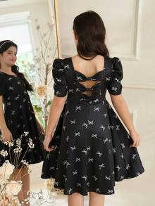 女童蝴蝶结数码印花短袖连衣裙，泡泡袖少女连衣裙，露背蝴蝶结设计，时尚甜美复古优雅公主裙 - 黑色 - 查看 1