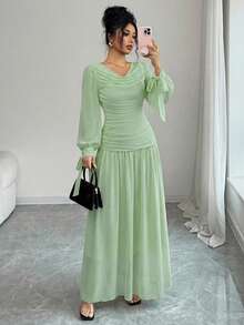 Elenzga 女士优雅雪纺连衣裙，荷叶边领口，灯笼袖，系带腰身设计，适合鸡尾酒会、婚礼、毕业典礼、万圣节、圣诞节、沙特国庆日、新年等正式场合，棕色 - 綠色 - 查看 5