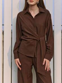 Dazy-Less Coffee Brown Autumn Casual Occasion Women's Elegant Twist Knot Cross Front Blouse & Straight Leg Pants Set,2 Pieces Old Money Luxury Business Outfit - Brown - View 9