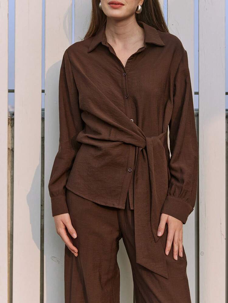 Spring & Summer Elegant Twist Knot Cross Front Blouse And Straight Leg Pants Set, Casual, Work, Commute, Suitable For Valentine's Day, Wedding, Brown Color, Old Money Luxury Women 2 Pieces Outfit Business Casual Woman