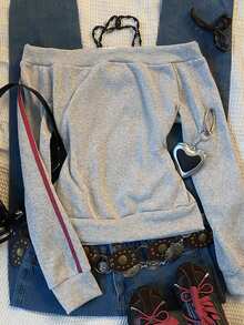 Glimmora 女士露肩修身撞色卫衣外套，印有“23”字样。休闲百搭，适合日常穿着、返校季和音乐节等场合。 - 淺灰色 - 查看 2