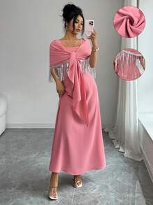 Elenzga Women's Elegant Pink Summer Wedding Ninang Sleeveless A-Line Solid Color Dress,High-End Waist Gathered Gown With Silver Sequin Tassel Decor Shawl - Dusty Pink - View 3