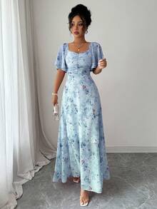 Modelyn Women's Chiffon Butterfly Print Batwing Sleeve Ruched Sweet A-Line Dress, For Summer - Blue - View 8