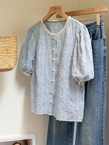 SHEIN Frenchy Women's Casual Floral Embroidered Shirt, Summer - Blue - View 6