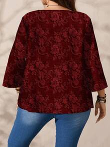 EMERY ROSE Plus Size Women Casual All-Over Print Round Neck Loose 3/4 Sleeve Shirt, Autumn/Winter Valentine's Day - Burgundy - View 4