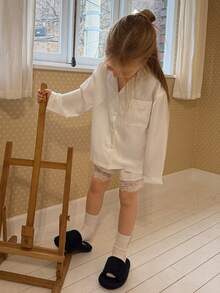 DAZY Young Girls Lace Patchwork Satin Loose Shirt Top & Super Shorts Loungewear Set, Fall Spring - White - View 8