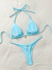 Soleia Women's Solid Color Halter Tie Bikini Set, Summer - Mint Blue - View 2