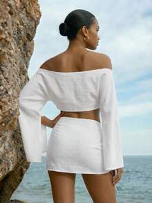 CAJUNI Women's Vacation Solid Color Off-Shoulder Split Long Sleeve Cropped Top And Waist Metal Decor Mini Skirt Sexy Set Beach Skirt Set, White Skirt And Top Set - White - View 2