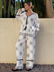 DAZY 女士睡衣两件套：宽松蕾丝拼接荷叶边长袖开衫和长裤 - 白色 - 查看 6