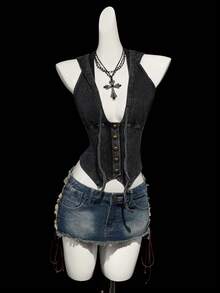 SHEIN ICON 女士时尚街头风前扣抽绳连帽背心，夏季 - 黑色 - 查看 5