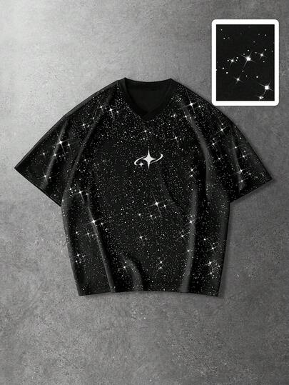 ROMWE MEN Street Life Men's Graphic Print Shiny V-Neck Casual Short Sleeve T-Shirt