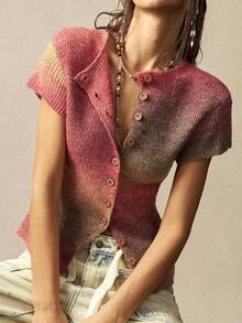 Bohemela 女士春夏休闲渐变图案修身开衫，春季女装，沙滩装，外出上衣 - 粉色 - 查看 1