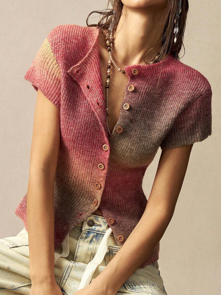 Bohemela 女士春夏休闲渐变图案修身开衫，春季女装，沙滩装，外出上衣 - 粉色 - 查看 1