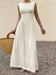 Livesso Summer Holiday Outfit, Boat Neck Sleeveless Waist Cinched Party/Wedding Guest Greek Style Mid-Length Dress For Women - Beige - View 1