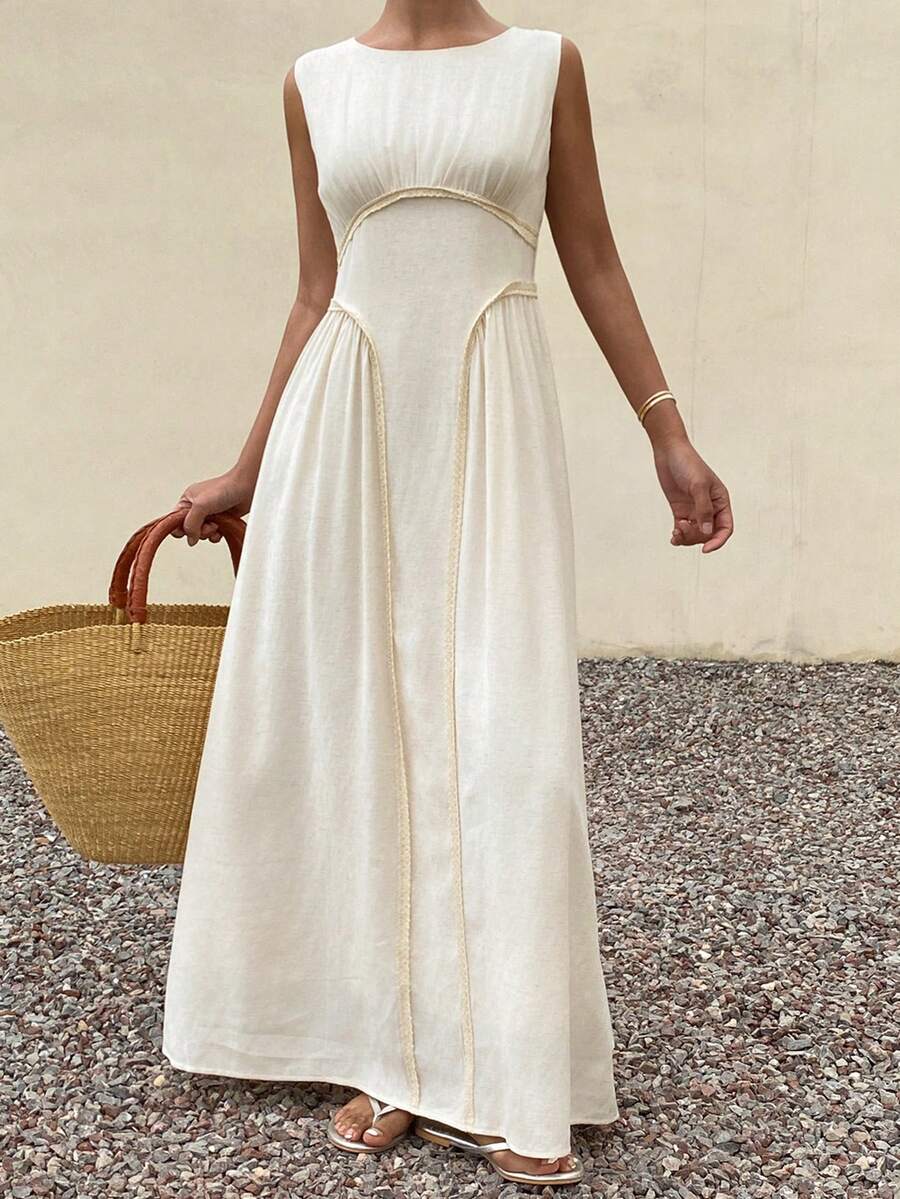 Livesso Summer Holiday Outfit, Boat Neck Sleeveless Waist Cinched Party/Wedding Guest Greek Style Mid-Length Dress For Women - Beige - View 1