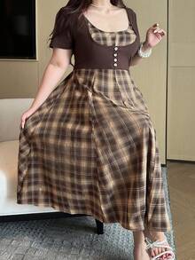 Vibekara Brown Plaid A-Line Loose Woven Dress, Spring/Summer - Brown - View 6