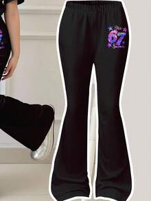 SHEIN 全黑时尚星空彩色67图案印花“随心所欲”女童休闲卡通图案圆领短袖上衣和喇叭裤两件套，春夏装扮，舒适百搭，适合小女孩，时尚童装，休闲服饰，儿童彩色星空数字图案服装，别致新颖 - 彩色 - 查看 4