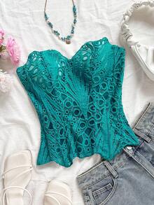 Soleia Áo corset ren hai lớp ôm sát, gợi cảm, kiểu dáng trễ vai, dành cho phụ nữ cỡ lớn theo phong cách châu Âu và Mỹ, thích hợp cho kỳ nghỉ, kết hợp với áo định hình INS màu trắng khoét rỗng thêu họa tiết, và trang phục dự tiệc đêm cho phụ nữ. - màu xanh lá - Xem 2