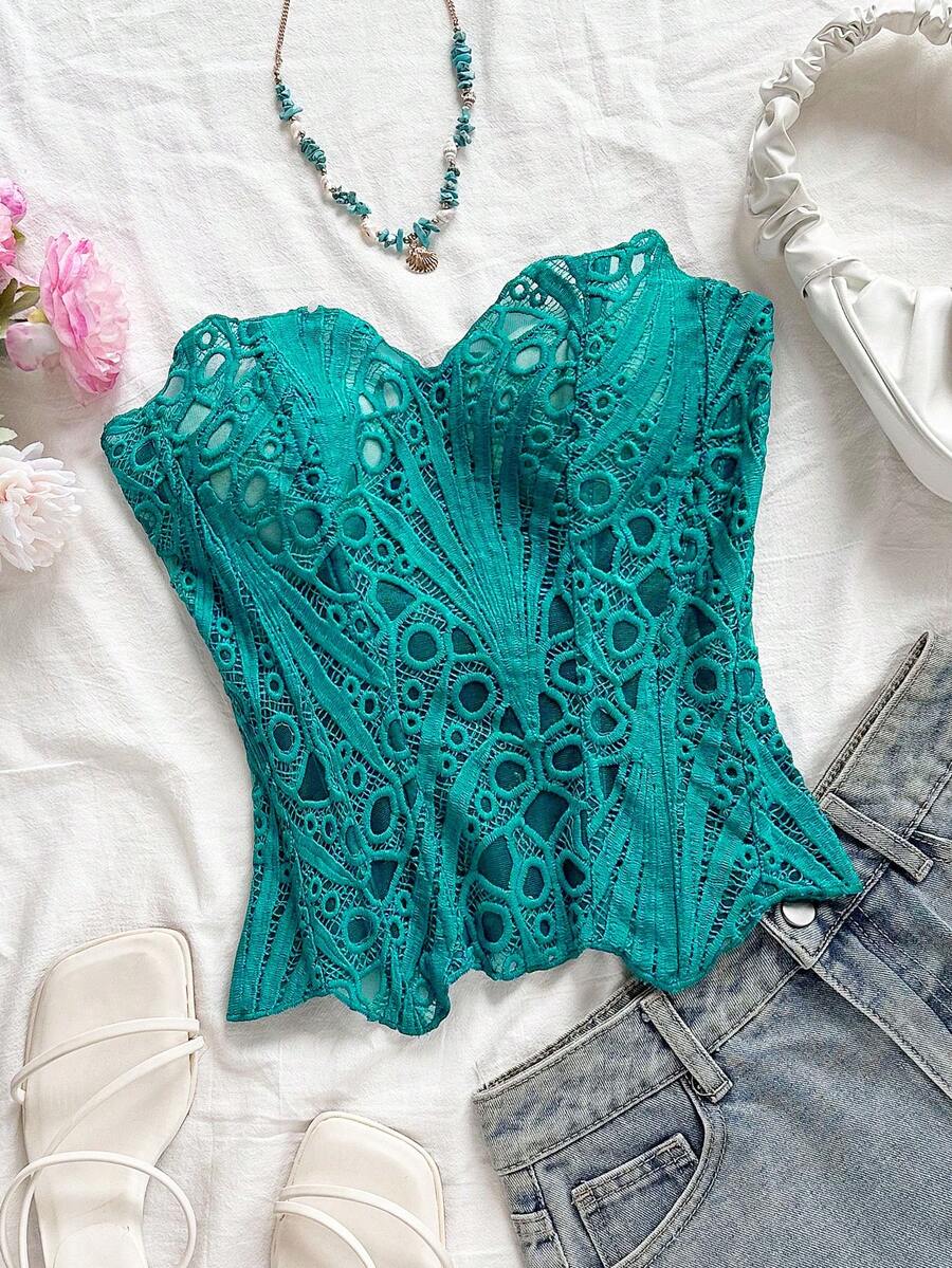 Soleia Áo corset ren hai lớp ôm sát, gợi cảm, kiểu dáng trễ vai, dành cho phụ nữ cỡ lớn theo phong cách châu Âu và Mỹ, thích hợp cho kỳ nghỉ, kết hợp với áo định hình INS màu trắng khoét rỗng thêu họa tiết, và trang phục dự tiệc đêm cho phụ nữ.