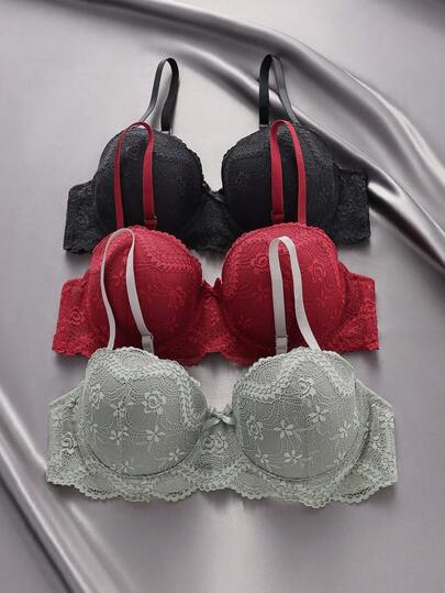 EmpressEnvy 3 件/包女士蕾丝边钢圈文胸，带衬垫，钢圈提升和塑形，不可拆卸罩杯（1/2 罩杯）