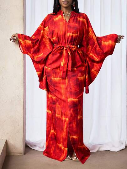 BamGleam Women's Vacation Style Allover Print Notched Neck Flare Sleeve Belted Split Hem Dress