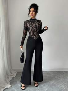 Rafferiza 女士优雅通勤蕾丝拼接连体裤 - 黑色 - 查看 3