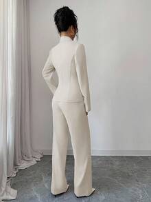 Elenzga Bộ vest thanh lịch dành cho nữ có cổ ve, tay dài, đính ngọc trai, áo suông và quần ống đứng - Màu be - Xem 2