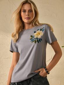 EURMUSE Large Floral Embroidery, Short Sleeve, Statement Chest Design, Feminine Casual Wear, High-Quality Stitching, Boho Collection - Grey - View 2