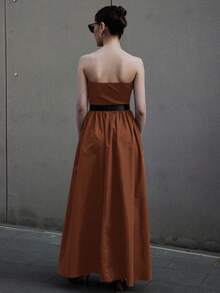 Siren Gaze Women's Summer Top-Tight And Bottom-Wide Knitted Splicing Woven Casual Dress With Side Pockets Rust Brown Dress Earth Tone Dress - Brown - View 2