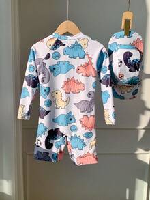 SHEIN 2pcs/Set Young Boys Cute Cartoon Dinosaur Pattern Long Sleeve Rash Guard & Hat Set,Suitable For Beach,Pool,Summer,Holiday,Toddler Boy Clothes - Multicolor - View 5