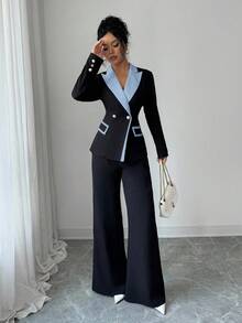 Elenzga Women's New Elegant Color Block High-End Blazer Jacket & Flared Pants 2 Pieces Suit Set, Suitable For Business, Commute, And Daily Office Wear - Blue - View 3