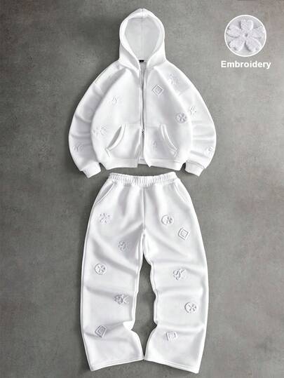 PAVTROS 男士街头潮流花卉图案极简刺绣连帽卫衣套装，适合户外音乐节、休闲外出、送给男友/丈夫的礼物、周年纪念日