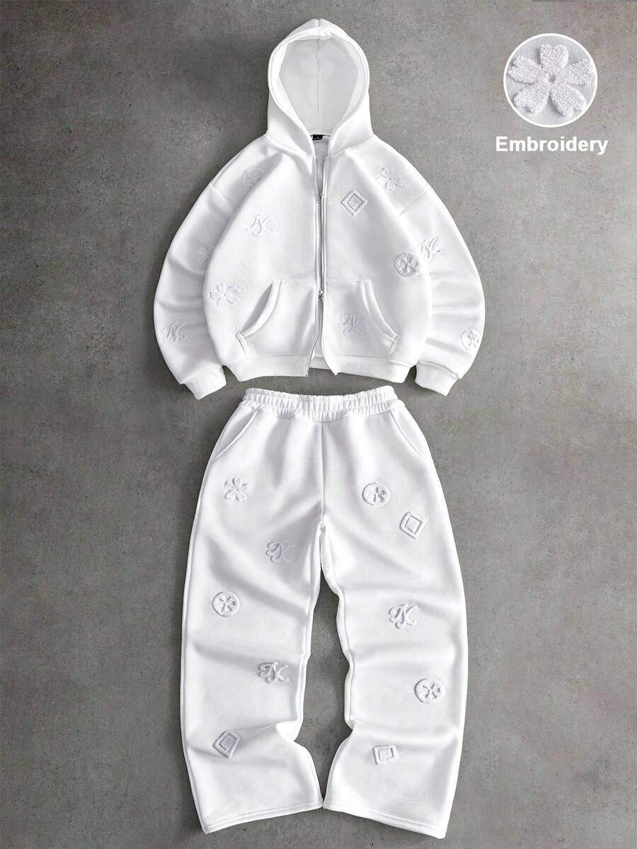 PAVTROS 男士街头潮流花卉图案极简刺绣连帽卫衣套装，适合户外音乐节、休闲外出、送给男友/丈夫的礼物、周年纪念日 - 白色 - 查看 1