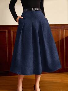Vintamour 复古经典优雅女士半身裙，修身腰身，带口袋，灰色，百褶裙，适合夏秋穿着 - 藏蓝色 - 查看 1