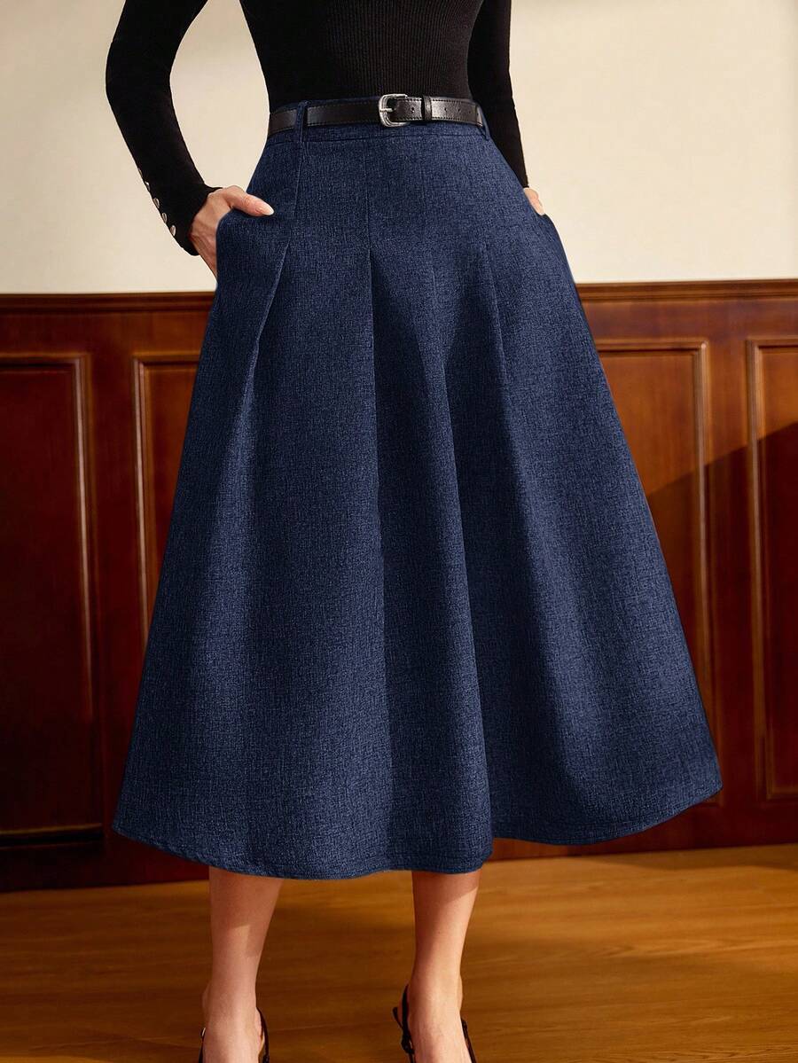 Vintamour 复古经典优雅女士半身裙，修身腰身，带口袋，灰色，百褶裙，适合夏秋穿着 - 藏蓝色 - 查看 1