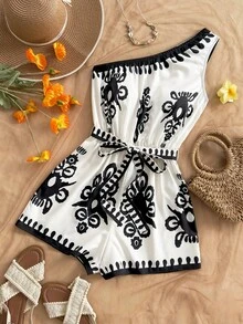 Soleia 女士休闲度假、西部风、海滩、婚礼宾客、毕业典礼、早午餐、圣帕特里克节、春假、复活节、音乐节等场合的优雅波西米亚热带花卉印花单肩系带连体裤，春夏款 - 彩色 - 查看 5