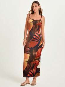 CAJUNI 女士休闲度假鹦鹉和海龟壳串珠黑色印花吊带中长连衣裙 - 约会装 - 热带风情 - 棕色 - 查看 5