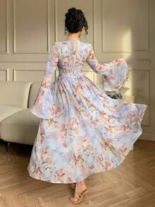 DAZY 女士印花V领喇叭袖收腰优雅连衣裙长裙吊带裙 - 藍色 - 查看 3