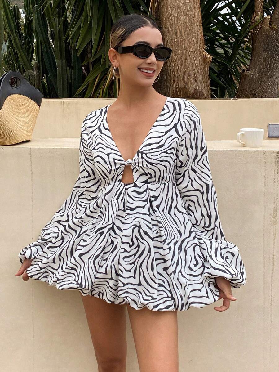 Livesso 女士斑马纹灯笼袖单扣花边下摆性感时尚长袖衬衫 - 白色 - 查看 1