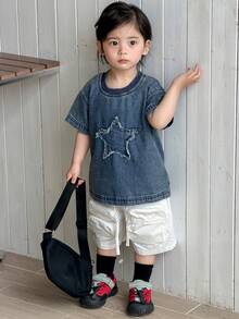 DAZY Toddler Boys' Round Neck Five-Pointed Star Korean Style Washed Denim Streetwear - Blue - View 8