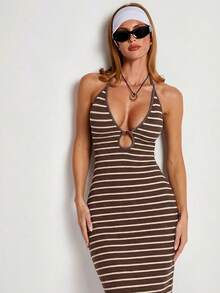 COSMINA Women's Striped Print Halter Backless Dress - Coffee Brown - View 6