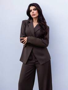Hindelle 女士缺角领夹克和裤子通勤日常基本款商务套装秋冬 - 咖啡棕 - 查看 3