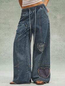 Bohemela Casual Woven Denim Love Pattern Patchwork Low-Waist Loose Wide-Leg Women's Jeans Valentine's Day Spring Spring Outfit Women Jeans Glitter Women