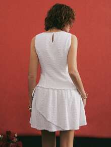 Poéselle 女士纯色圆领荷叶边无袖时尚迷你连衣裙 - 白色 - 查看 5
